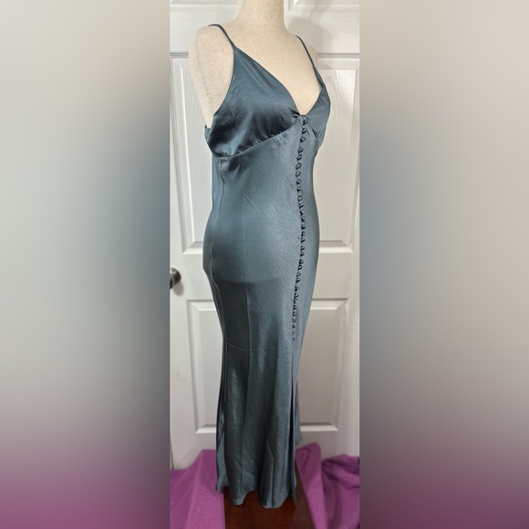 Dress Forum Dresses & Skirts - Dress Forum Gray Blue Satin Maxi Dress Silk spaghetti straps zip up faux button